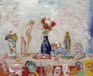 Decorative Still Life Drucke: Under the Shadow of Masks, 1925. Creator: James Ensor