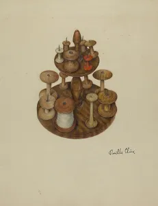 Vintage Sewing Tools Drucke: Shaker Spool Rack and Spools, c. 1939. Creator: Orville Cline