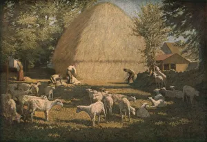 British Regionalism Art Drucke: Sheep Shearing, 1901, (c1930). Creator: Dermod O Brien