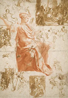 Blindenschutzblatt für Elymas Blinden machen zu Lystra und eine heilige Familie um 1558 von Taddeo Zuccaro