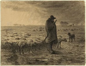 Agricultural Worker Images Drucke: Shepherd Returning with His Flock, c. 1860. Creator: Jean Francois Millet