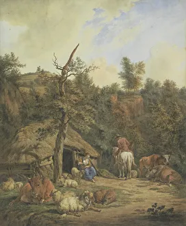 Rustic Countryside Scenes Drucke: Shepherd, shepherdess and cattle resting in front of a dilapidated stable