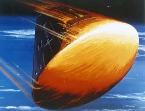 NASA Space Exploration Drucke: Artists concept of Command Module re-entry in 5000°heat. Creator: NASA