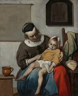 Mother And Child Love Drucke: The Sick Child, ca 1663. Artist: Metsu, Gabriel (1629-1667)