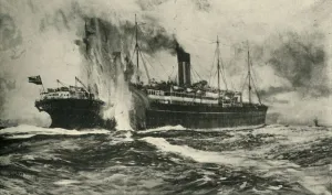 World War I Sea Battles Drucke: The sinking of the SS Arabic, First World War, 19 August 1915, (c1920). Creator: Unknown
