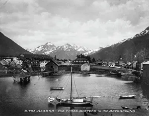 Black And White Mountain Range Drucke: Three Sisters Mts. (background), between c1900 and c1930. Creator: Unknown