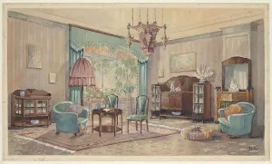 Armchair Interior Design Drucke: Sitting room with palm, c.1925. Creator: Monogrammist HK
