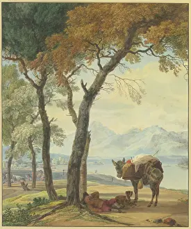 Heritage Art Gallery Drucke: Sleeping donkey driver under a tree by a lake, 18th century. Creator: Wilhelm von Kobell