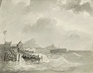 Black And White Sailing Boats Drucke: Sloop with figures at a landing place, c