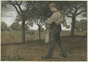 Drucke von Ein einsamer Sämann, umgeben von der Schönheit der Natur, geht seiner Arbeit nach. In diesem Moment ist die Zeit stehen geblieben und alles scheint in Harmonie zu sein Ländliche Gemälde Auf Dem Land Drucke: Der Sämann