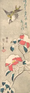 Drucke von Sperling und schneebedeckte Kamerelle (Tsubaki), um 1845 Ando Hiroshige Drucke: Schmetterling und Schneedeckender Kamelia (Tsubaki), um 1845, Künstler: Andō Hirosuke
