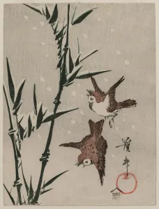 Edo Period Prints Drucke: Sparrows, Bamboo and Falling Snow, c
