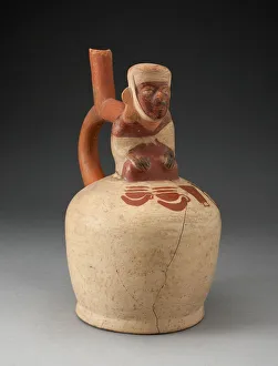 Spatenbehälter mit sitzender Figur, die eine gemalte Gruppe von Objekten darstellt; ca. 100 v. Chr./ n. Chr