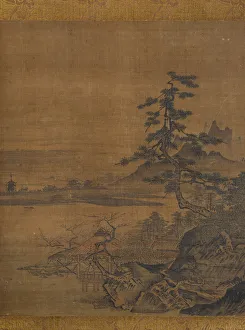 Sitzungsblick aus einem thatten Pavillon am Ufer des Sees spätes Mittelalter. Schöpfer: Sesshu Toyo