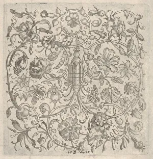 Quadratelles mit Blattwerkrolle und Blumen und Früchten aus dem Jahr 1581. Künstler: Bernhard Zan