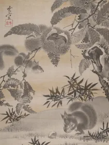 Kawanabe Kyosai Artwork Drucke: Squirrels Gathering Chestnuts, ca. 1887. Creator: Kawanabe Kyosai
