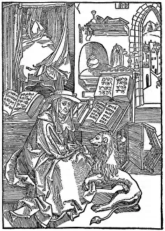 Hier ist ein Stilleben mit dem heiligen Jeronimus im Studium einen Thorns aus der Pfote eines Löwen zu ziehen. Künstler: Albrecht Dürer