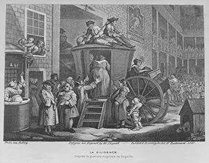 Drucke von Der Wagen oder das Landgasthaus, 1747. Ein Gasthofhof mit einem wartenden Wagen und einer Wahlparade in vollem Gange. Von William Hogarth, nach Austin Dobson William Hogarth Drucke: Der Landwagen oder Gasthofhof, 1747. Künstler: William Hogarth