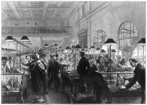 Royal Mail History Drucke: Stamping and sorting office, General Post Office, London, 1875