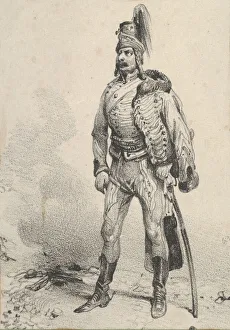Victorian Era Military Attire Drucke: Standing soldier with his jacket on one shoulder, mid-19th century. Creator: Victor Adam