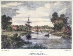 Drucke von Stourport-on-Severn, Worcestershire aus der Brücke oben, um 1795. Links ist die Einfahrt zum Staffordshire und Worcester Kanal gezeigt I Drucke: Stourport-on-Severn im Worcestershire von über der Brücke 1795