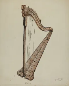 Stringed Instrument Design Drucke: Stringed Harp, c. 1939. Creator: Grace Thomas