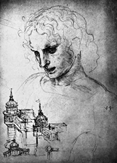 Leonardo Da Vinci Study Drucke: Study for the head of St James and an architectural drawing