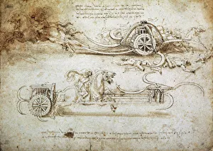 Brown Ink On Paper Art Drucke: Study of a scythed chariot
