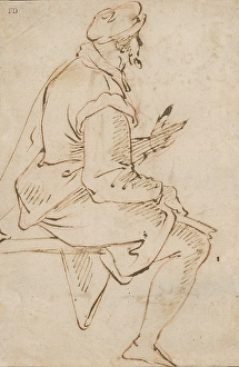 Line Drawing Of A Man Drucke: Study of a seated man, around 1500. Creator: Unknown