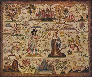 Historical Royal Portraits UK Drucke: Stump-work panel: the figures Mars and Venus, c17th century