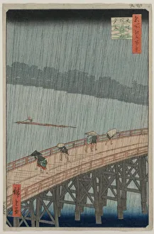 Drucke von Plötschiger Regen über den Shin-Ohashi-Berg und Atake aus der Reihe 'Hundert berühmte Ansichten von Edo', 1857 Ando Hiroshige Drucke: Plötschiger Regen über den Shin-Ohashi-Berg und Atake