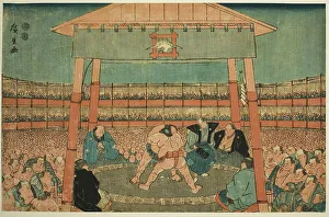 Drucke von Sumo-Match im Vorhof des Ekoin-Tempels (Ekoin keidai sumo no zu), aus der Serie Ryogoku in der östlichen Hauptstadt (Toto Ryogoku), um 1847/52 Ando Hiroshige Drucke: Sumo-Match im Vorhof des Ekoin-Tempels (Ekoin keidai sumo no zu)