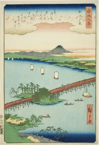 Sonnenuntergangsglanz in Seta (Seta sekisho), aus der Serie Acht Ansichten von Omi (Omi hakkei), 1857. Künstler: Ando Hiroshige. Sonnenuntergangsglanz in Seta (Seta sekisho), aus der Serie Acht Ansichten von Omi (Omi hakkei), 1857. Künstler: Ando Hiroshige
