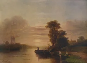 Historical Landscape Artwork Drucke: Sunset on a River, with Windmill and Cottage