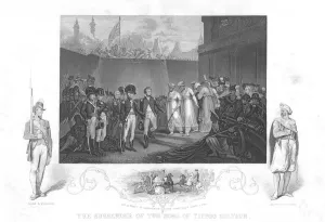 Anglo Mysore War Drucke: The Surrender of two Sons of Tipoo Sultan (1792), c1860