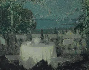 Private Collection Oil On Canvas Paintings Drucke: Table au clair de lune (Moonlight Table), 1928. Creator: Le Sidaner, Henri (1862-1939)