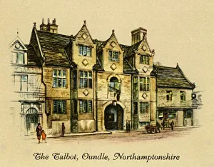 Drucke von Der Talbot, Oundle, Northamptonshire, 1936. Das Talbot Hotel, ehemaliges Coaching-Inn aus dem 16. Jahrhundert, bekannt für seine Verbindung mit König Karl I im Jahr 1645, Grade I aufgelistet Alte Drucke: Der Talbot, Oundle, Northamptonshire, 1936. Künstler: Unbekannt.