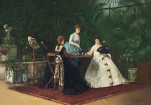 Genre Oil Paintings Drucke: Tea in the conservatory, 1893. Creator: Samson, Jeanne (active 19th century)