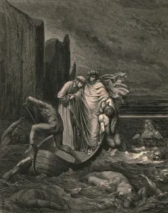 Divine Comedy Drucke: My teacher sage aware, thrusting him back, c1890. Creator: Gustave Doré