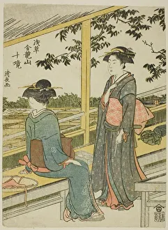 Teestube mit Blick auf Reisfelder, aus der Serie Zehn Vororte des Kinryuzan-Tempels in... um 1783. Künstler: Torii Kiyonaga. Teestube mit Blick auf Reisfelder, aus der Serie Zehn Vororte des Kinryuzan-Tempels in... um 1783