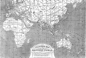 Black And White Historical Maps Drucke: Telegraph map of the Eastern World, 1865. Creator: John Dower