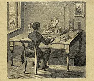 Telegraph History Drucke: In a telegraph office, arrival of the dispatch, c1850. Creator: Anonymous
