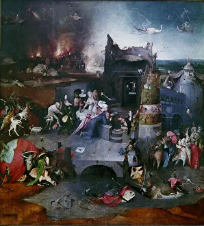 Drucke von Die Verlockung des heiligen Antonius (Zentralpanel eines Triptychs), zwischen 1495 und 1515. Im Bestand der Nationalen Kunstsammlung Lissabon zu finden Hieronymus Bosch Drucke: Die Verlockung des heiligen Antonius (Zentralpanel eines Triptychs)