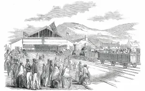 Victorian Era Train Station Drucke: The Terminus, at Swansea, 1850. Creator: Unknown