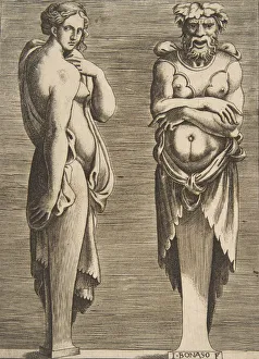Metropolitan Museum Of Art Engravings Drucke: Two Terms, a Nymph at left Silvanus at right, ca. 1530-50. Creator: Giulio Bonasone