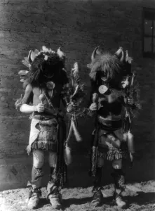 Traditional Indian Costumes Drucke: Tesuque buffalo dancers, c1927. Creator: Edward Sheriff Curtis
