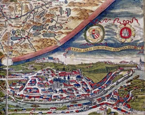 Drucke von Das Theatrum Orbis Terrarum von Abraham Ortelius in Antwerpen 1574 mit einer Karte von Salzburger und Ansicht der Stadt O Drucke: Das Theatrum Orbis Terrarum von Abraham Ortelius in Antwerpen 1574 mit Karte der Stadt Salzburg und Ansicht der Stadt