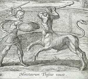 Roman Mythological Creatures Drucke: Theseus and the Minotaur, published 1606. Creators: Antonio Tempesta, Wilhelm Janson