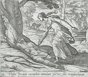 Roman Mythological Figures Drucke: Thisbe Killing Herself, published 1606. Creators: Antonio Tempesta, Wilhelm Janson