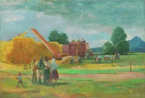 Agricultural Labourer Drucke: Threshing on State Property, 1950. Creator: Bedrich Hoffstadter